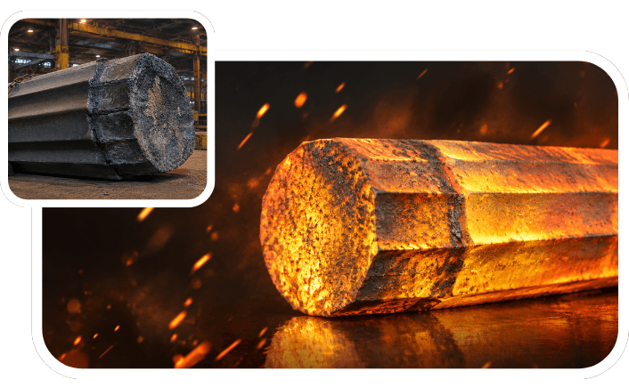 Hot forging ingot and cooled alloy steel forging ingot at the Kesari Alloys melt shop